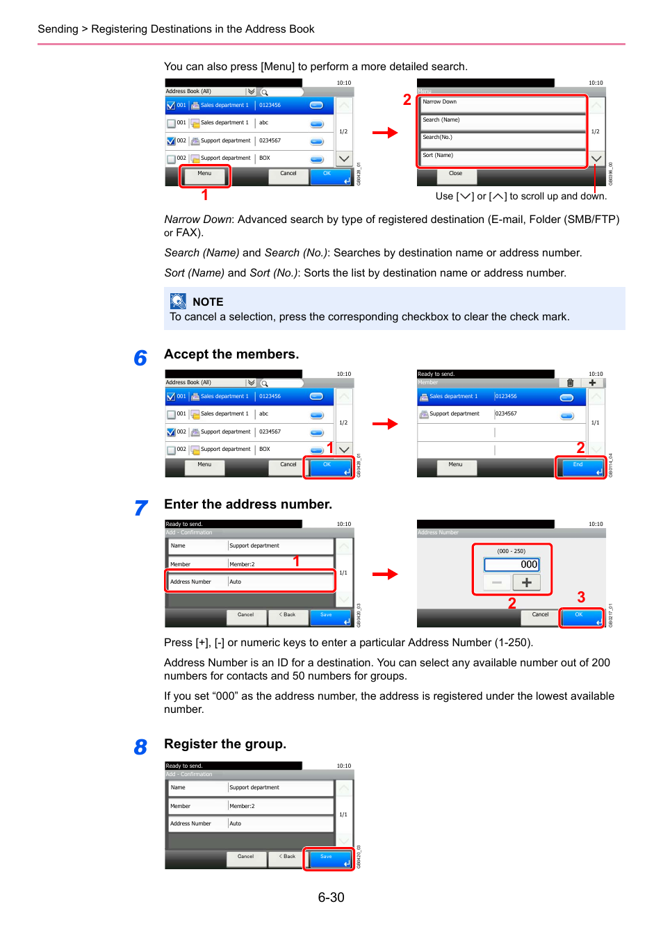 Accept the members, Enter the address number, Register the group | Use [ ] or [ ] to scroll up and down | TA Triumph-Adler P-C2660i MFP User Manual | Page 192 / 396