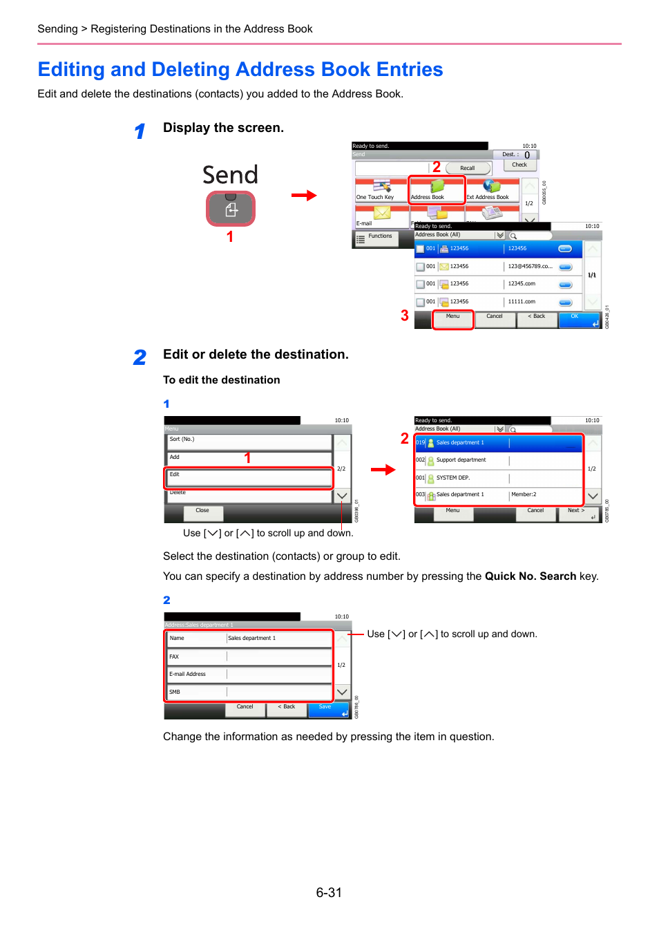 Editing and deleting address book entries, Editing and deleting address book entries -31, Display the screen | Edit or delete the destination, Use [ ] or [ ] to scroll up and down | TA Triumph-Adler P-C2660i MFP User Manual | Page 193 / 396