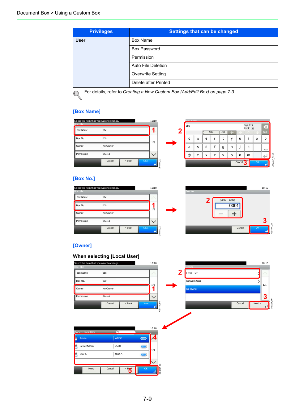Document box > using a custom box, Privileges settings that can be changed | TA Triumph-Adler P-C2660i MFP User Manual | Page 217 / 396