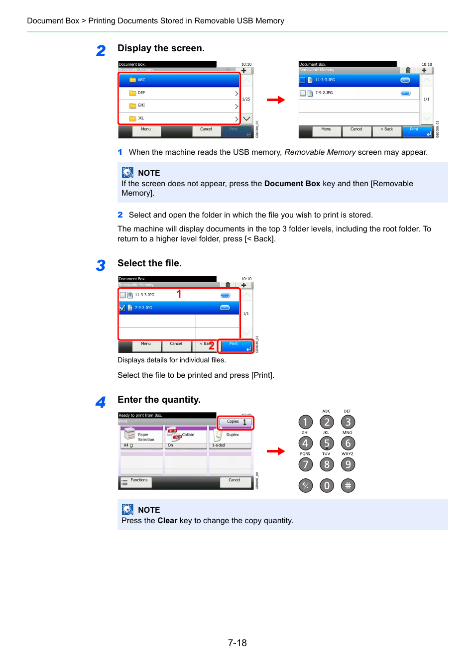Display the screen, Select the file, Enter the quantity | Select the file to be printed and press [print, Displays details for individual files | TA Triumph-Adler P-C2660i MFP User Manual | Page 226 / 396