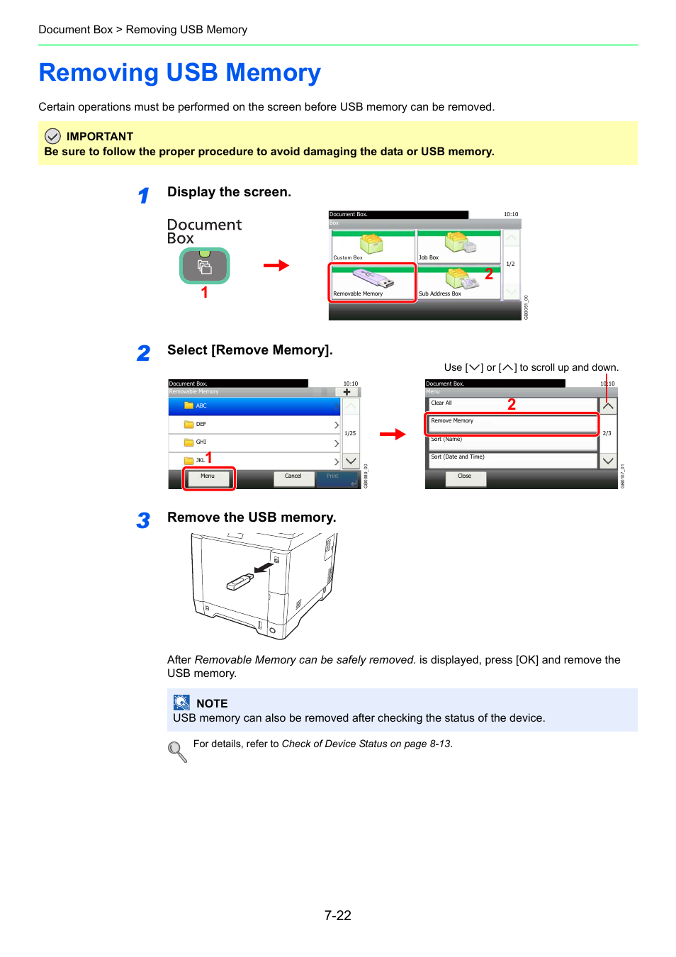 Removing usb memory, Removing usb memory -22, Display the screen | TA Triumph-Adler P-C2660i MFP User Manual | Page 230 / 396