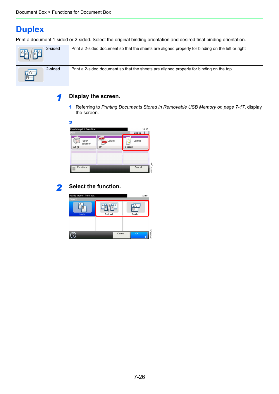 Duplex, Duplex -26, Display the screen | Select the function, Document box > functions for document box | TA Triumph-Adler P-C2660i MFP User Manual | Page 234 / 396