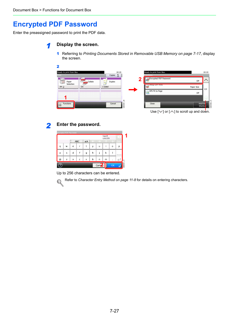 Encrypted pdf password, Encrypted pdf password -27, Age 7-27 | Display the screen, Enter the password | TA Triumph-Adler P-C2660i MFP User Manual | Page 235 / 396