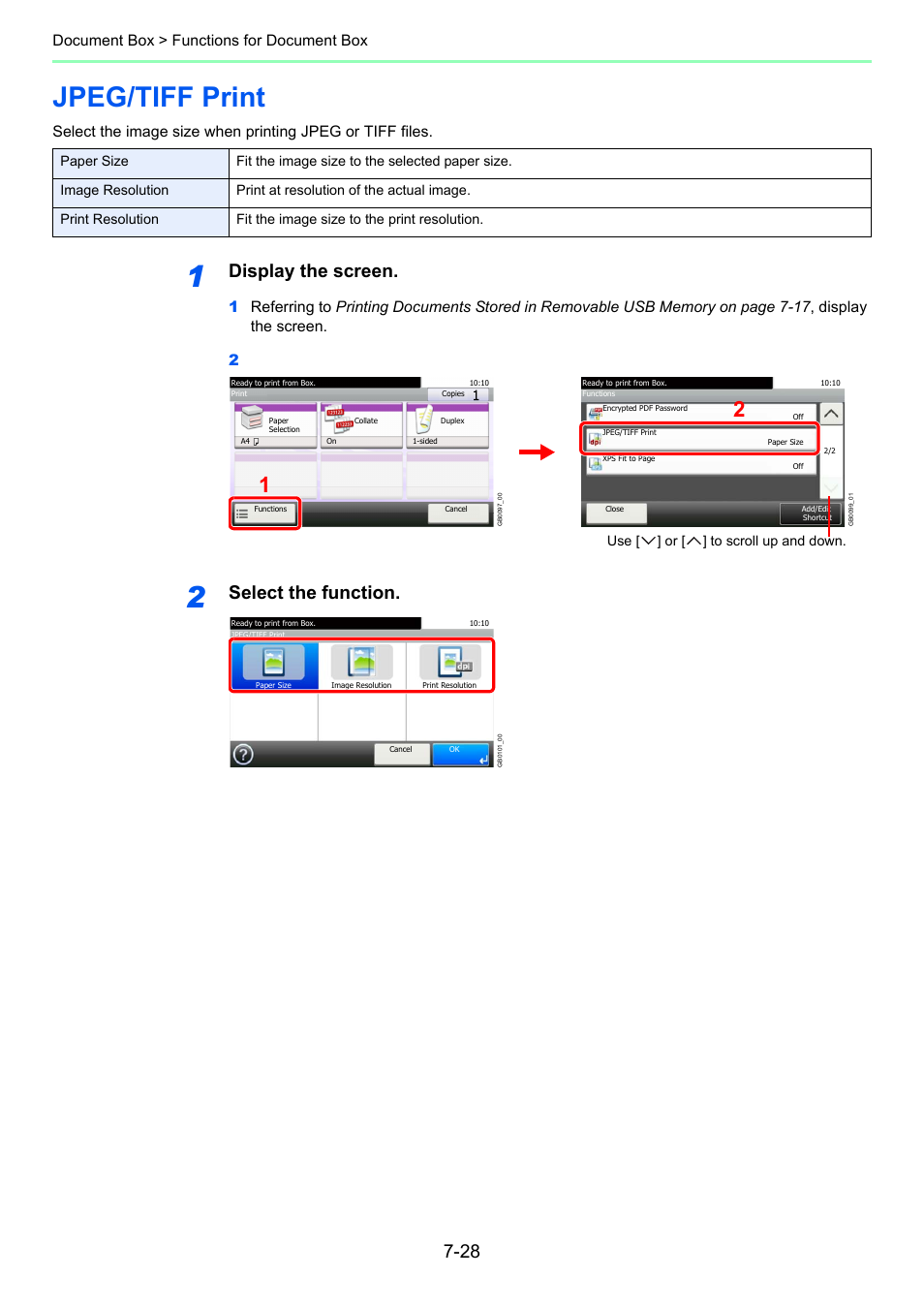 Jpeg/tiff print, Jpeg/tiff print -28, Display the screen | Select the function, Document box > functions for document box | TA Triumph-Adler P-C2660i MFP User Manual | Page 236 / 396