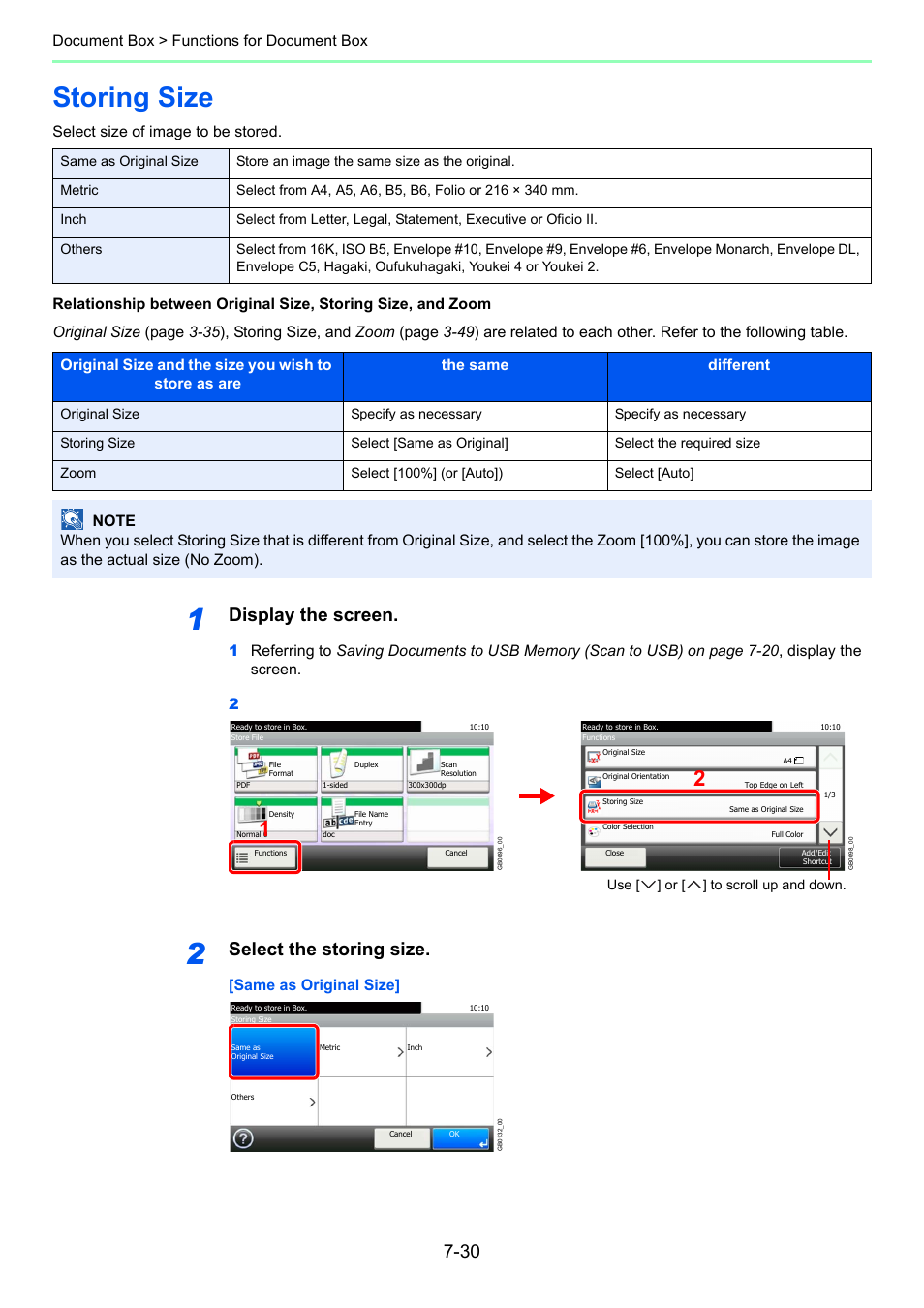 Storing size, Storing size -30, Storing size (p | Ge 7-30, Display the screen, Select the storing size | TA Triumph-Adler P-C2660i MFP User Manual | Page 238 / 396