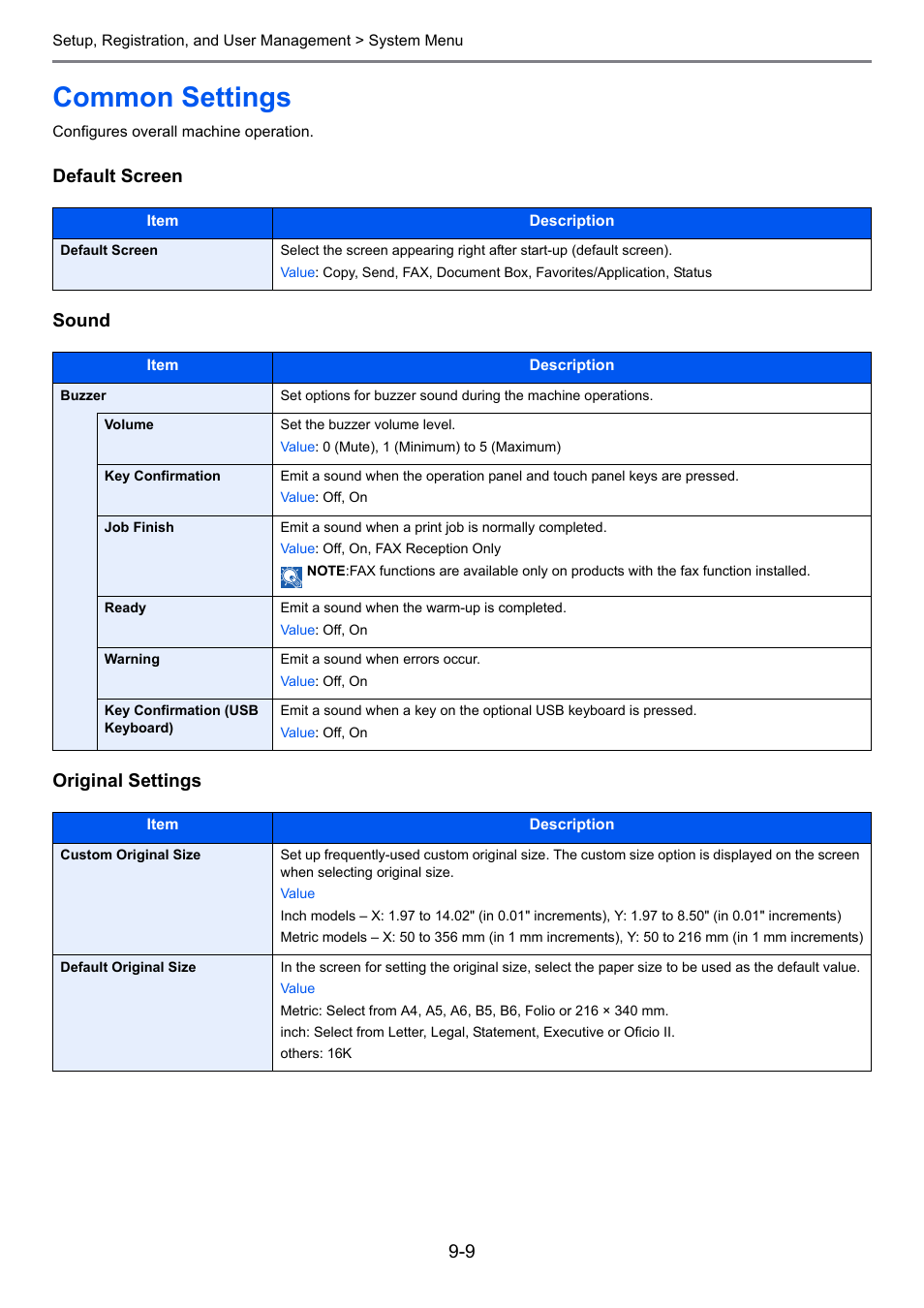 Common settings, Common settings -9, E 9-9 | E 9-9 ), Age 9-9, Default screen, Sound, Original settings, Default screen sound original settings | TA Triumph-Adler P-C2660i MFP User Manual | Page 265 / 396