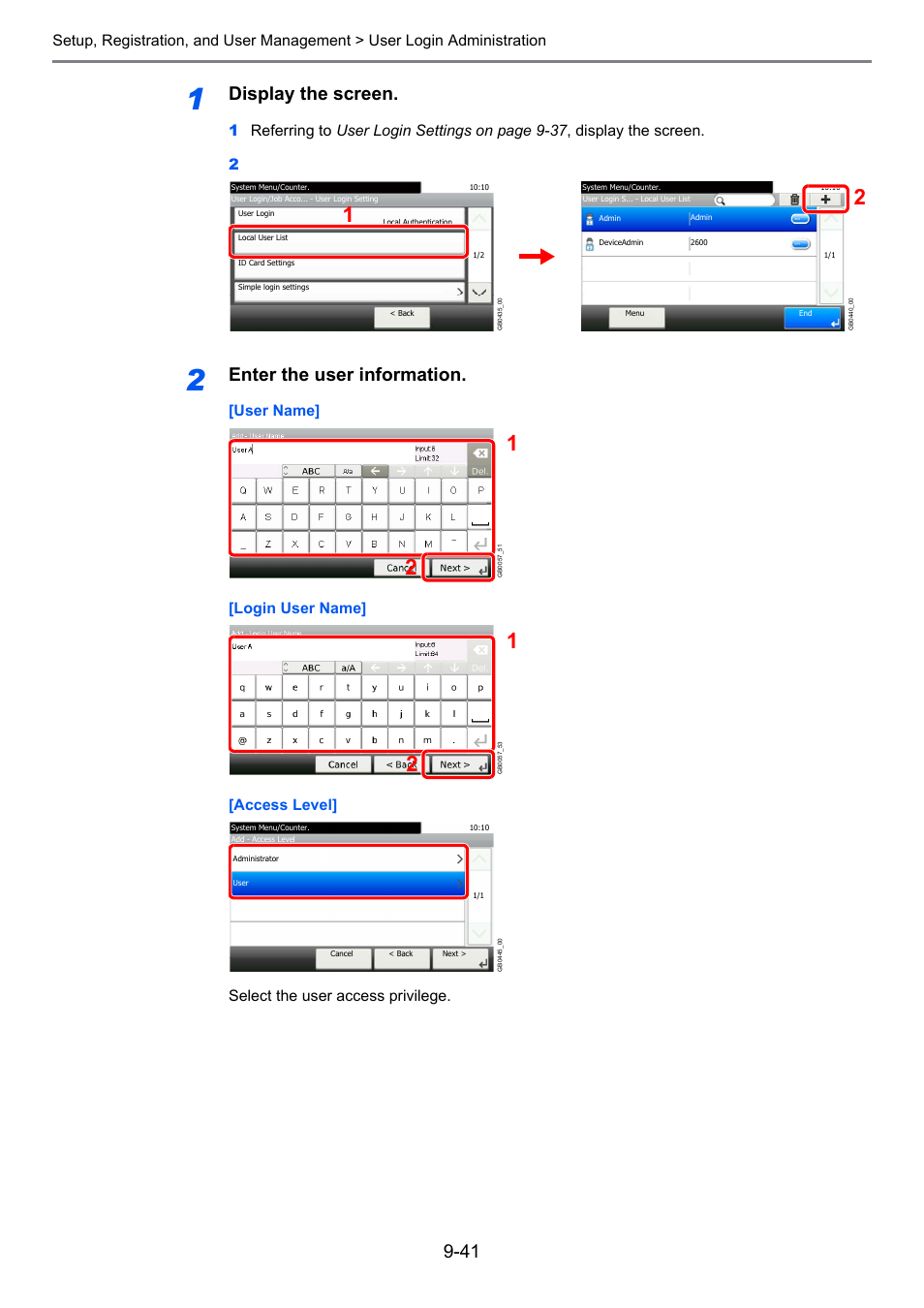 Display the screen, Enter the user information | TA Triumph-Adler P-C2660i MFP User Manual | Page 297 / 396