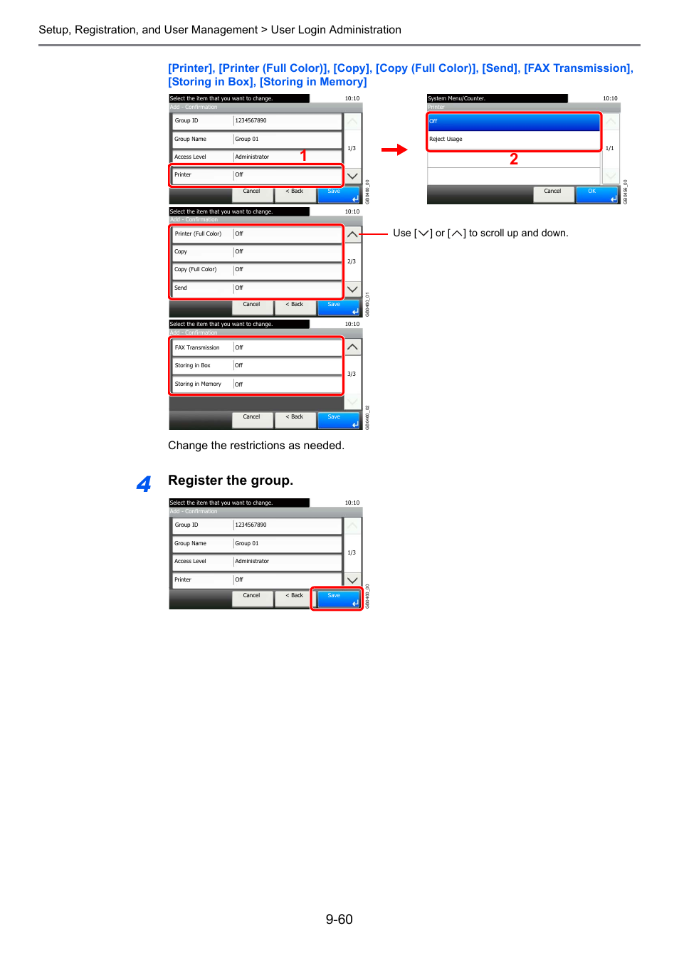 Register the group, Use [ ] or [ ] to scroll up and down | TA Triumph-Adler P-C2660i MFP User Manual | Page 316 / 396