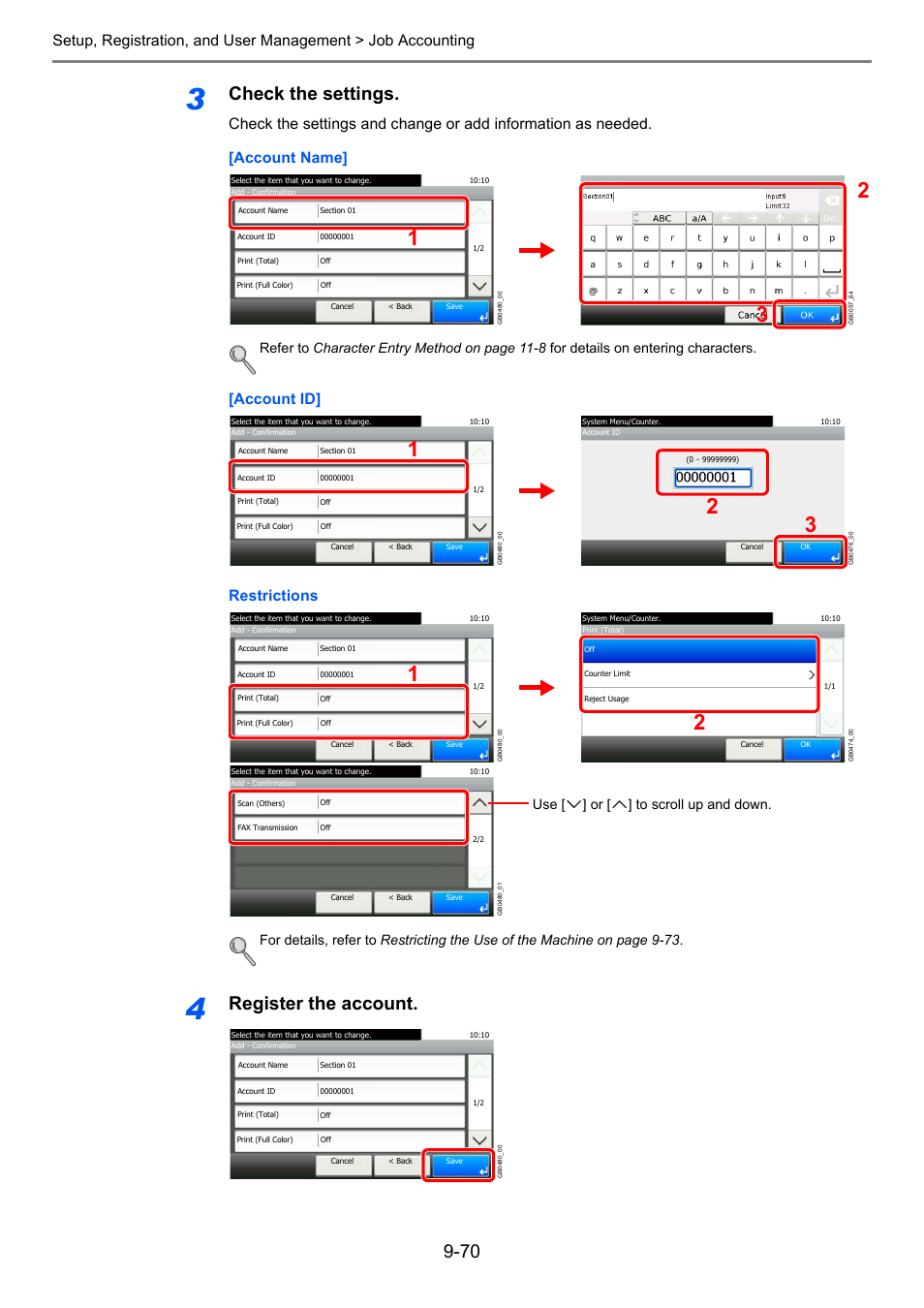 Check the settings, Register the account, Account id] restrictions | Use [ ] or [ ] to scroll up and down | TA Triumph-Adler P-C2660i MFP User Manual | Page 326 / 396