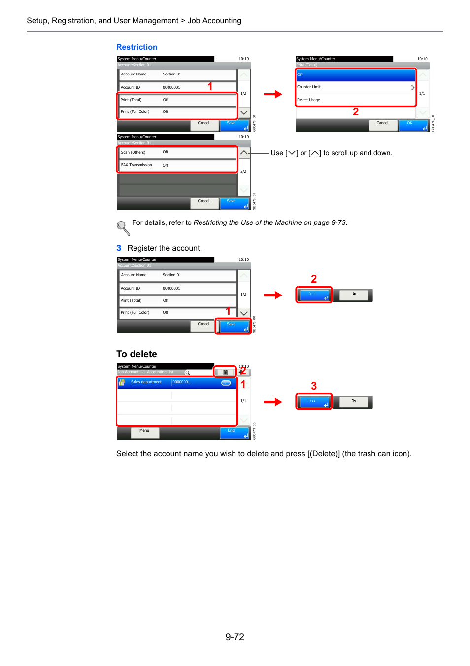 3register the account, Use [ ] or [ ] to scroll up and down | TA Triumph-Adler P-C2660i MFP User Manual | Page 328 / 396