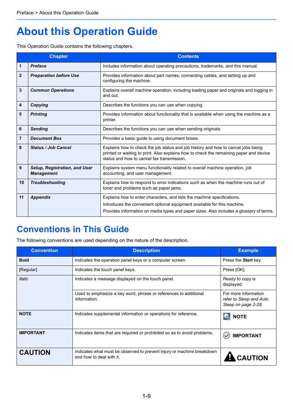 About this operation guide, Conventions in this guide, About this operation guide -9 | Conventions in this guide -9, Caution | TA Triumph-Adler P-C2660i MFP User Manual | Page 33 / 396