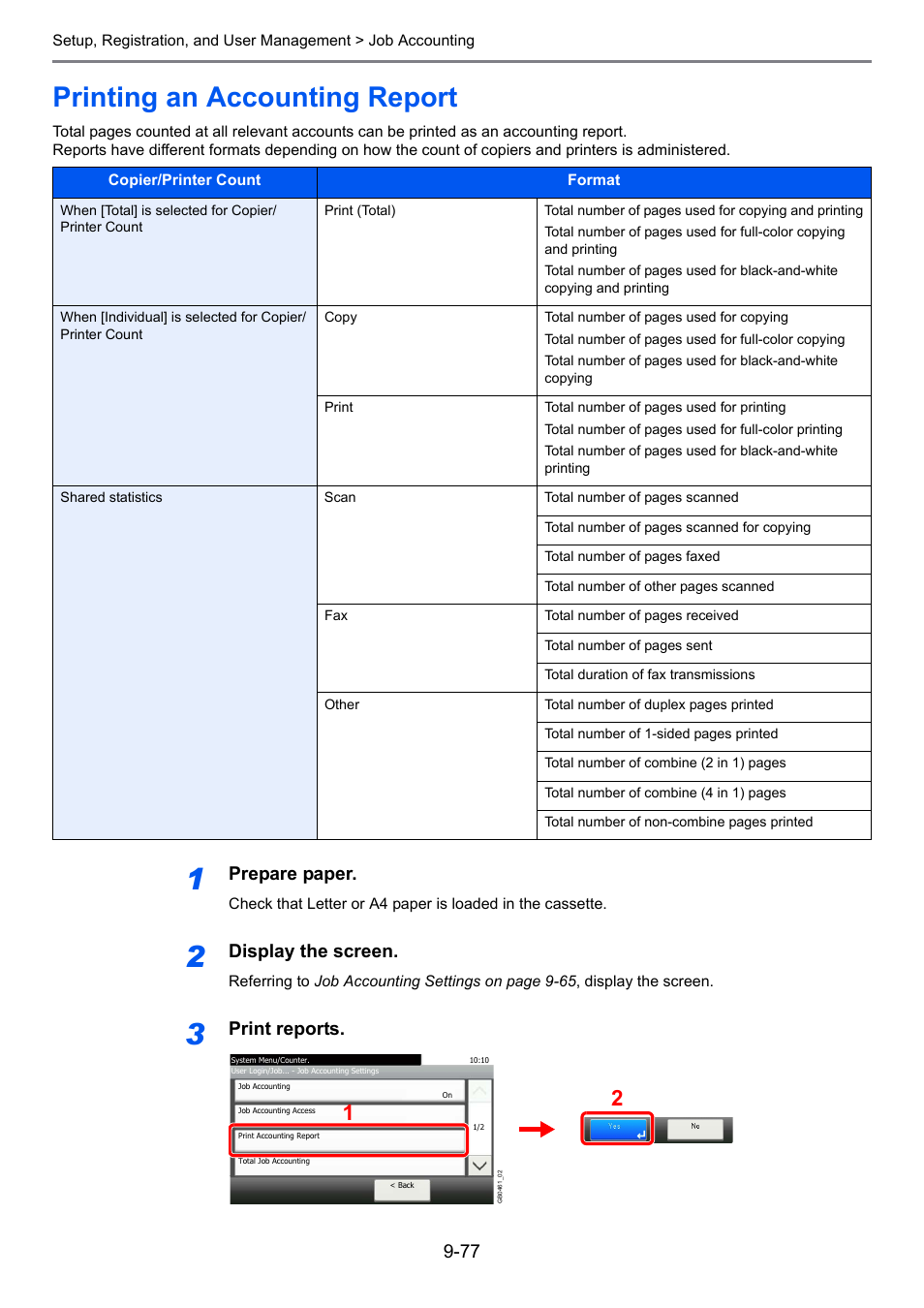 Printing an accounting report, Printing an accounting report -77, Prepare paper | Display the screen, Print reports | TA Triumph-Adler P-C2660i MFP User Manual | Page 333 / 396