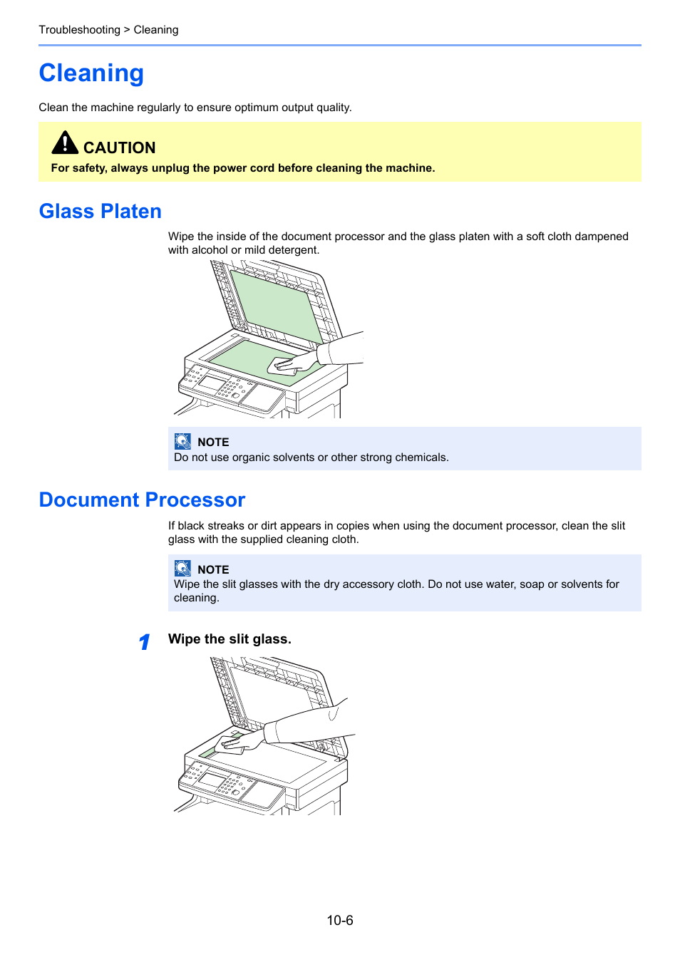 Cleaning, Glass platen, Document processor | Cleaning -6, Glass platen -6 document processor -6 | TA Triumph-Adler P-C2660i MFP User Manual | Page 342 / 396