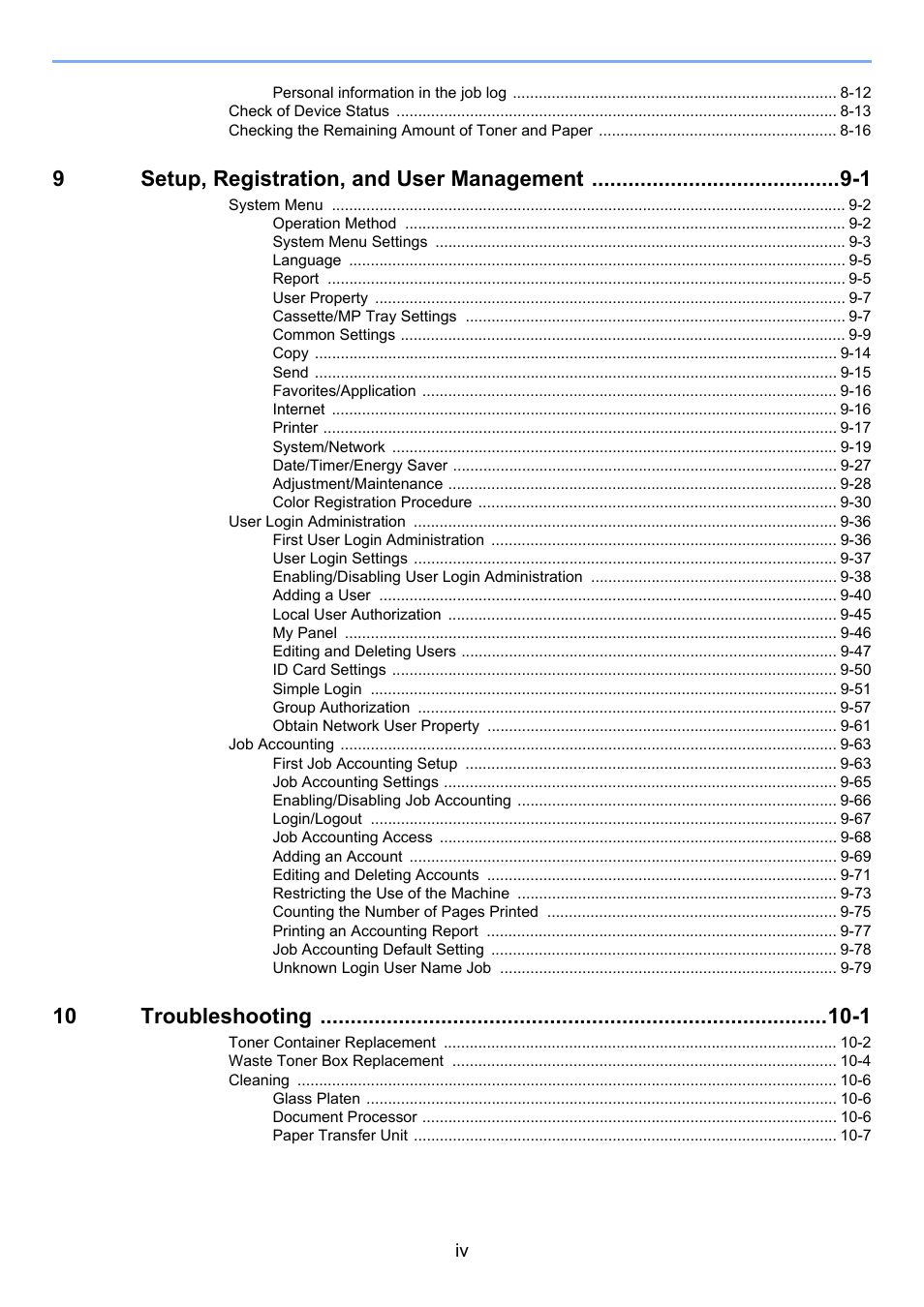 9setup, registration, and user management -1, 10 troubleshooting -1 | TA Triumph-Adler P-C2660i MFP User Manual | Page 6 / 396