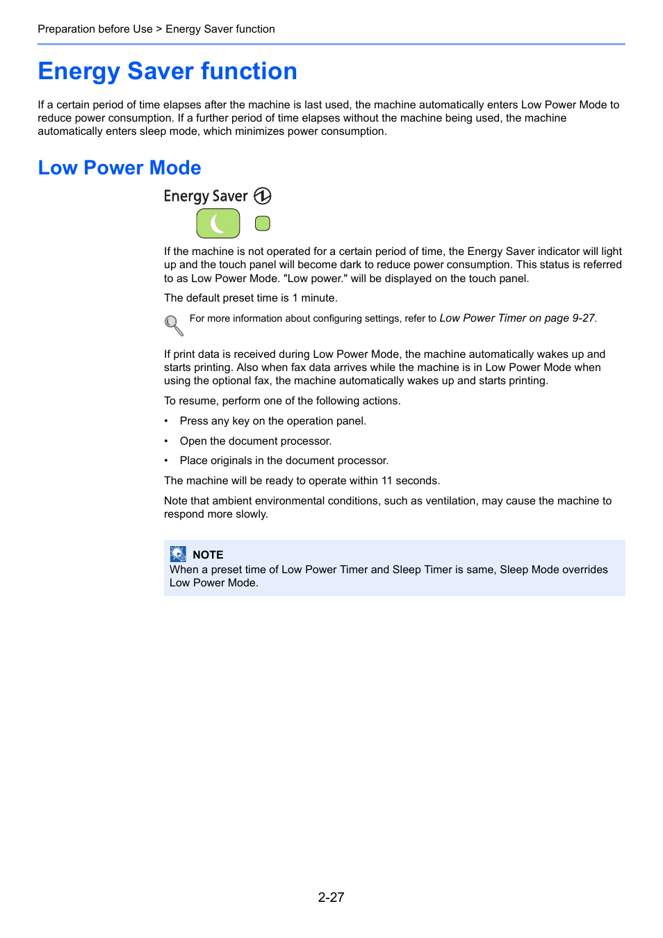 Energy saver function, Low power mode, Energy saver function -27 | Low power mode -27 | TA Triumph-Adler P-C2660i MFP User Manual | Page 63 / 396