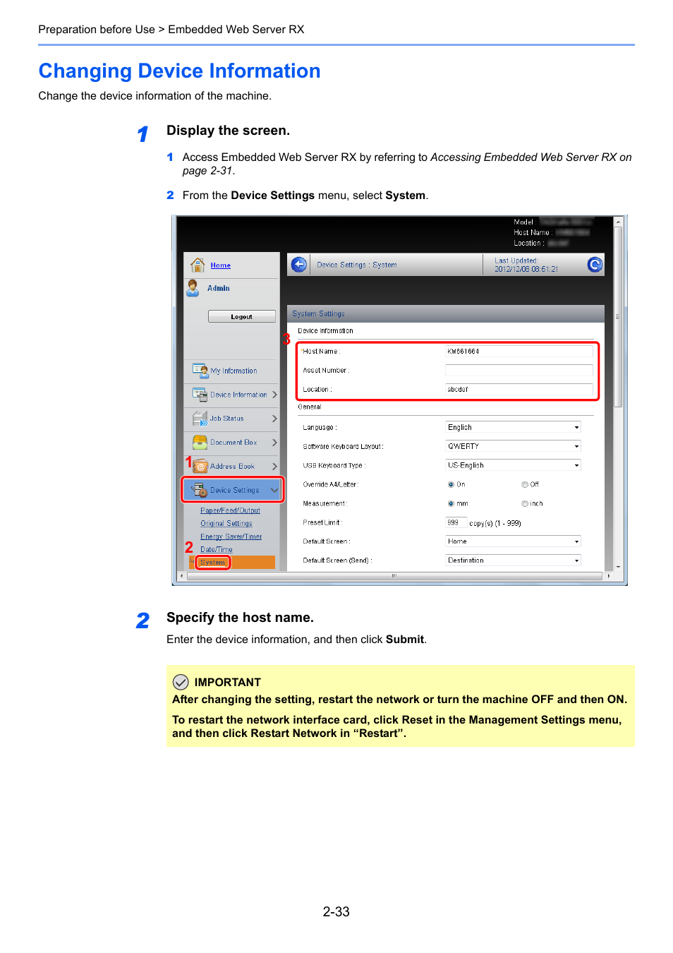 Changing device information, Changing device information -33 | TA Triumph-Adler P-C2660i MFP User Manual | Page 69 / 396