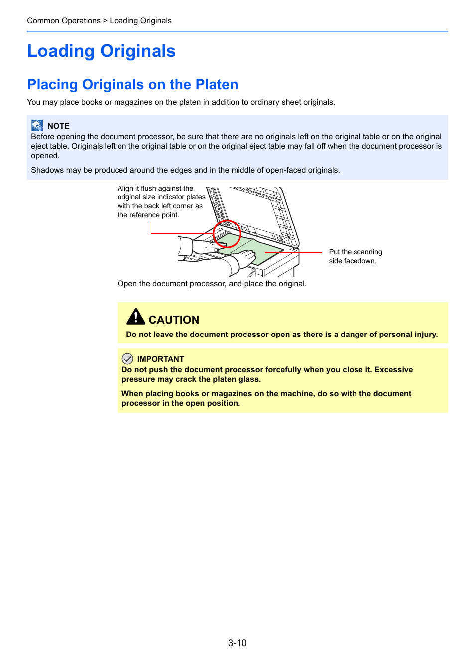 Loading originals, Placing originals on the platen, Loading originals -10 | Placing originals on the platen -10, Originals -10, Caution | TA Triumph-Adler P-C2660i MFP User Manual | Page 86 / 396
