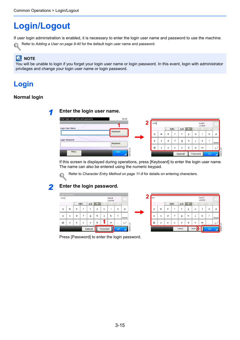 Login/logout, Login, Login/logout -15 | Login -15, Normal login, Enter the login user name, Enter the login password | TA Triumph-Adler P-C2660i MFP User Manual | Page 91 / 396