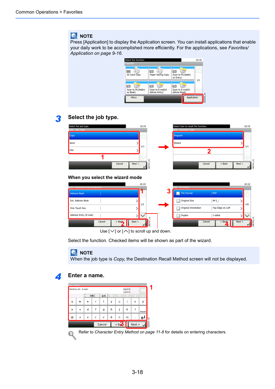 Select the job type, Enter a name, Common operations > favorites | Use [ ] or [ ] to scroll up and down | TA Triumph-Adler P-C2660i MFP User Manual | Page 94 / 396