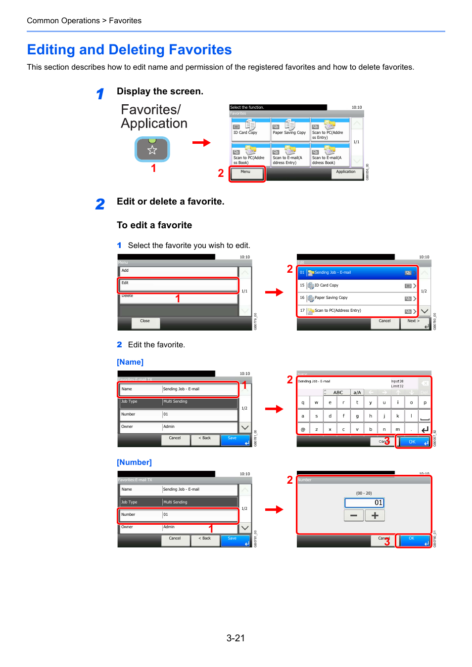 Editing and deleting favorites, Editing and deleting favorites -21, Display the screen | Edit or delete a favorite. to edit a favorite, Common operations > favorites | TA Triumph-Adler P-C2660i MFP User Manual | Page 97 / 396