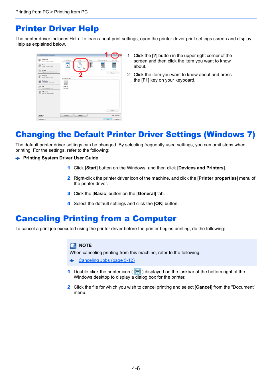 Printer driver help, Canceling printing from a computer | TA Triumph-Adler P-C3060 MFP User Manual | Page 136 / 409