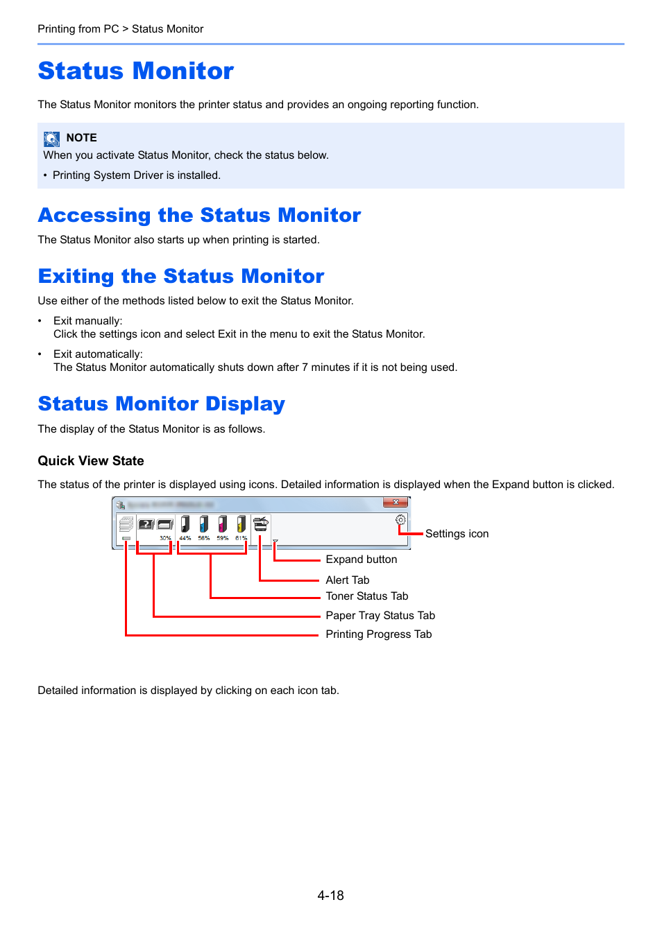 Status monitor, Accessing the status monitor, Exiting the status monitor | Status monitor display, Status monitor -18 | TA Triumph-Adler P-C3060 MFP User Manual | Page 148 / 409