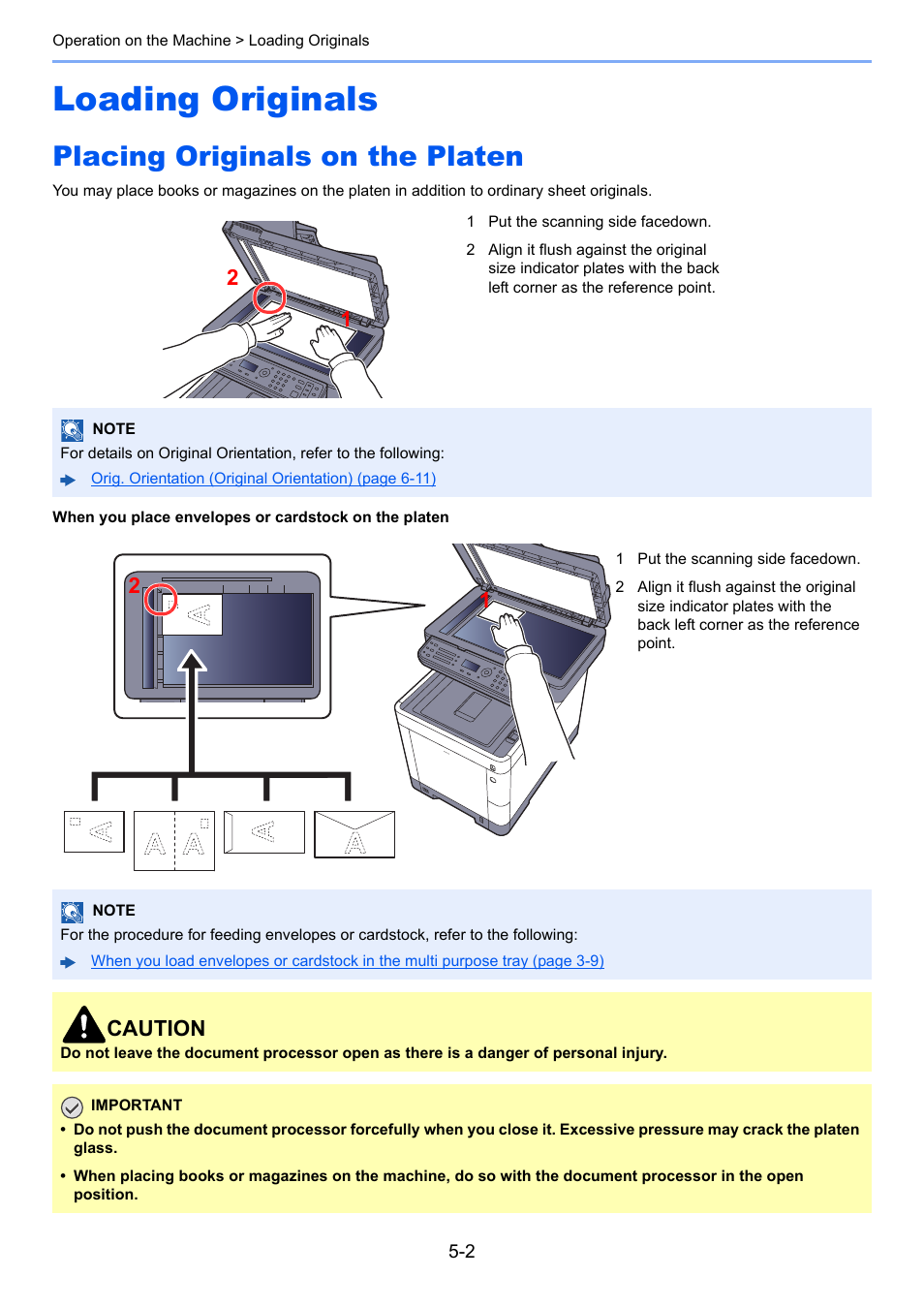 Loading originals, Placing originals on the platen, Loading originals -2 | Placing originals on the platen -2, Caution | TA Triumph-Adler P-C3060 MFP User Manual | Page 153 / 409