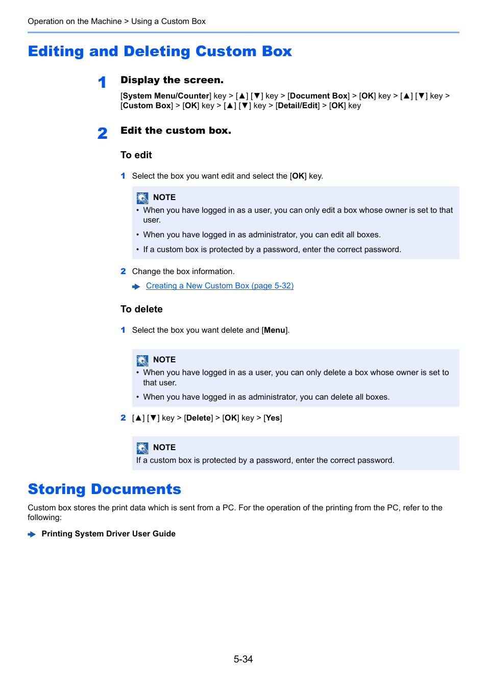 Editing and deleting custom box, Storing documents | TA Triumph-Adler P-C3060 MFP User Manual | Page 185 / 409