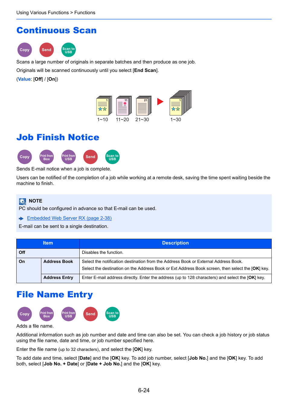 Continuous scan, Job finish notice, File name entry | Adds a file name, Sends e-mail notice when a job is complete | TA Triumph-Adler P-C3060 MFP User Manual | Page 218 / 409