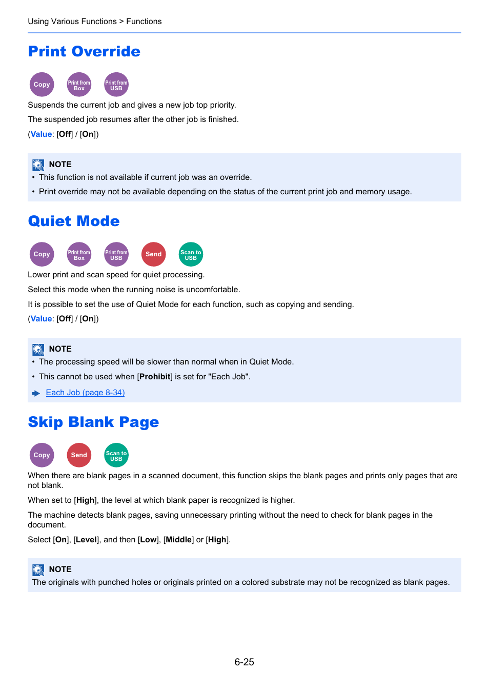 Print override, Quiet mode, Lower print and scan speed for quiet processing | Skip blank page | TA Triumph-Adler P-C3060 MFP User Manual | Page 219 / 409