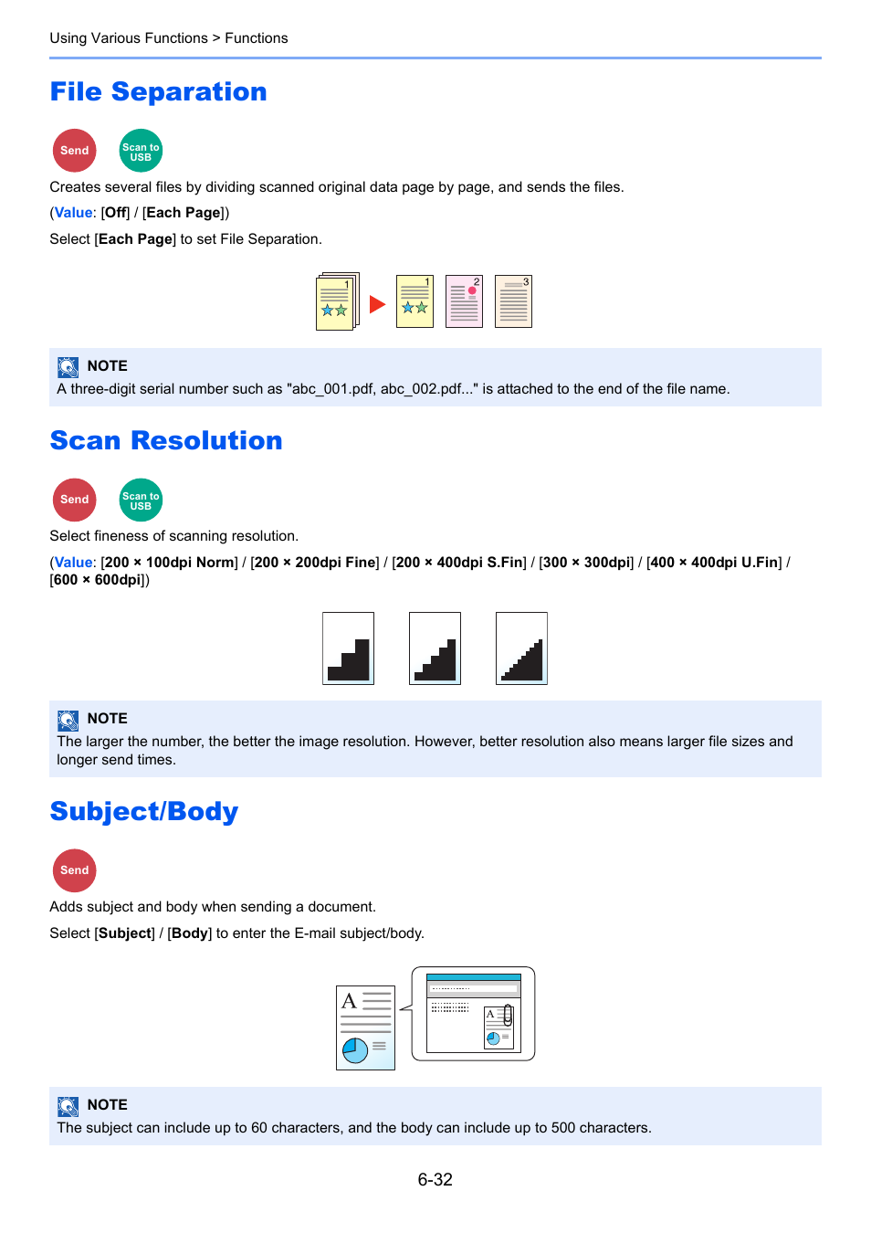 File separation, Scan resolution, Subject/body | Select fineness of scanning resolution, Adds subject and body when sending a document | TA Triumph-Adler P-C3060 MFP User Manual | Page 226 / 409