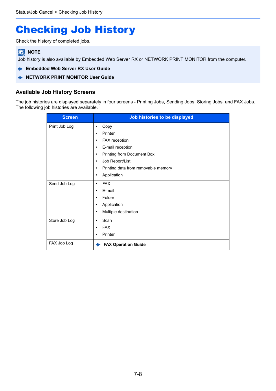 Checking job history, Checking job history -8, Available job history screens | TA Triumph-Adler P-C3060 MFP User Manual | Page 237 / 409