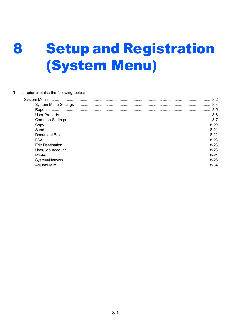 8 setup and registration (system menu), Setup and registration (system menu) -1, Setup and registration (system menu) | 8setup and registration (system menu) | TA Triumph-Adler P-C3060 MFP User Manual | Page 245 / 409