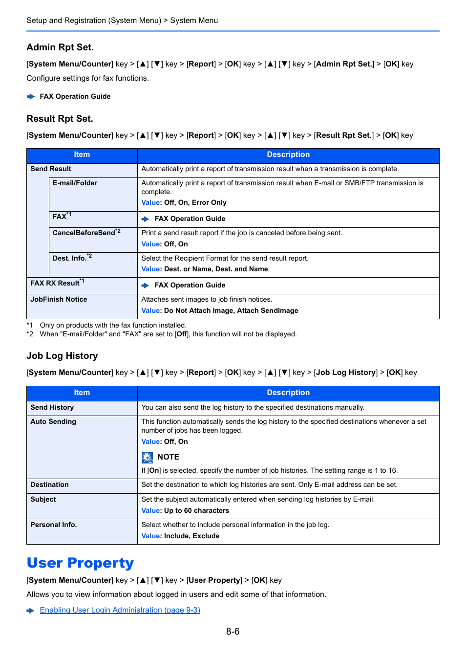 User property, User property -6, T set | Admin rpt set, Result rpt set, Job log history | TA Triumph-Adler P-C3060 MFP User Manual | Page 250 / 409