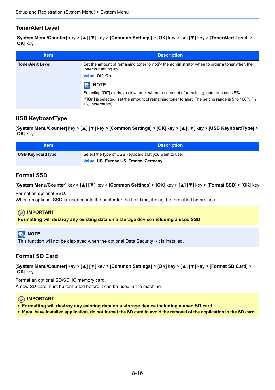 At sd card, Toneralert level, Usb keyboardtype | Format ssd, Format an optional ssd, Format sd card, Format an optional sd/sdhc memory card | TA Triumph-Adler P-C3060 MFP User Manual | Page 260 / 409