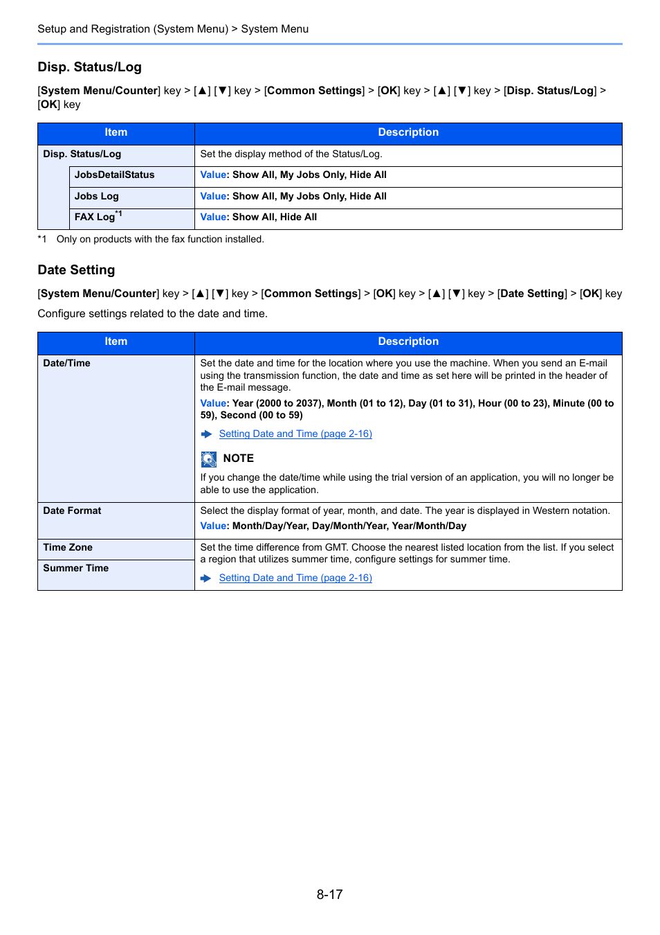 Disp. status/log, Set the display method of the status/log, Date setting | Configure settings related to the date and time | TA Triumph-Adler P-C3060 MFP User Manual | Page 261 / 409