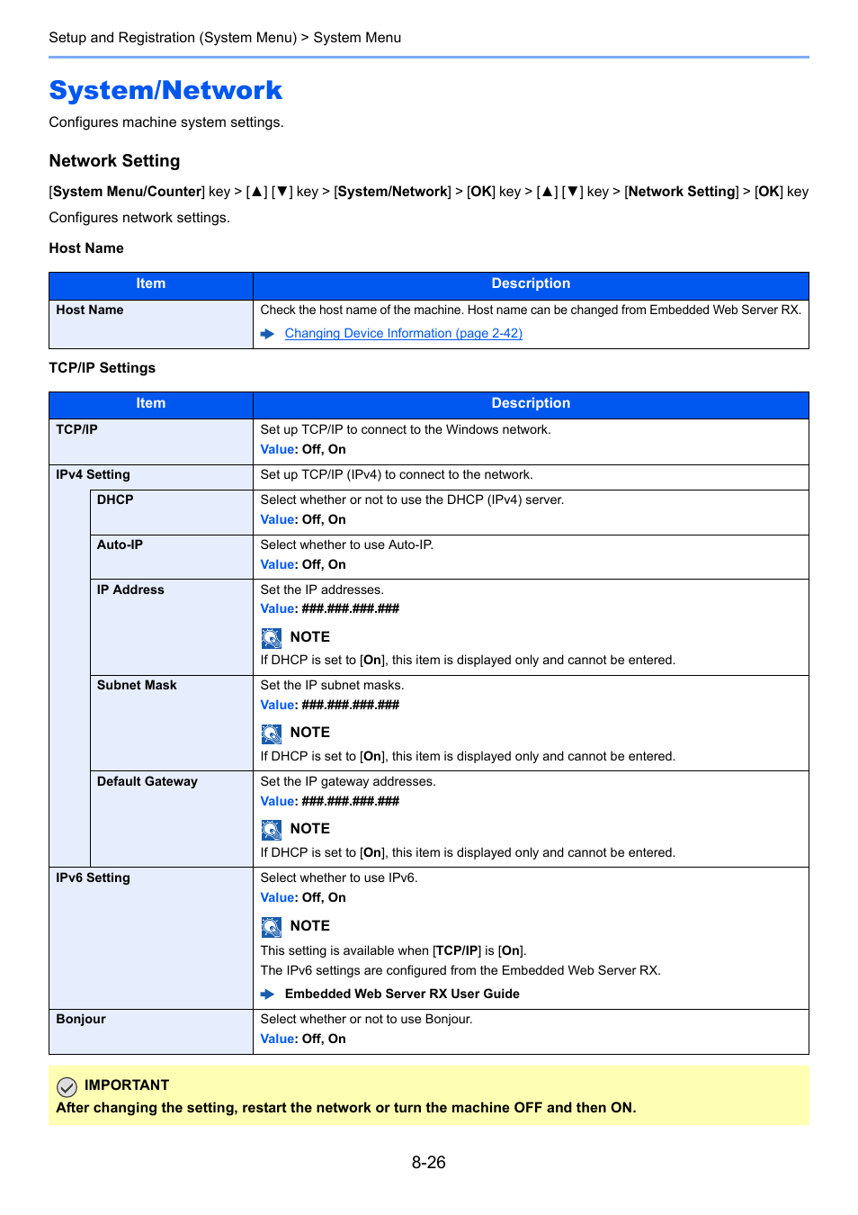System/network, System/network -26, Network setting | Configures network settings | TA Triumph-Adler P-C3060 MFP User Manual | Page 270 / 409