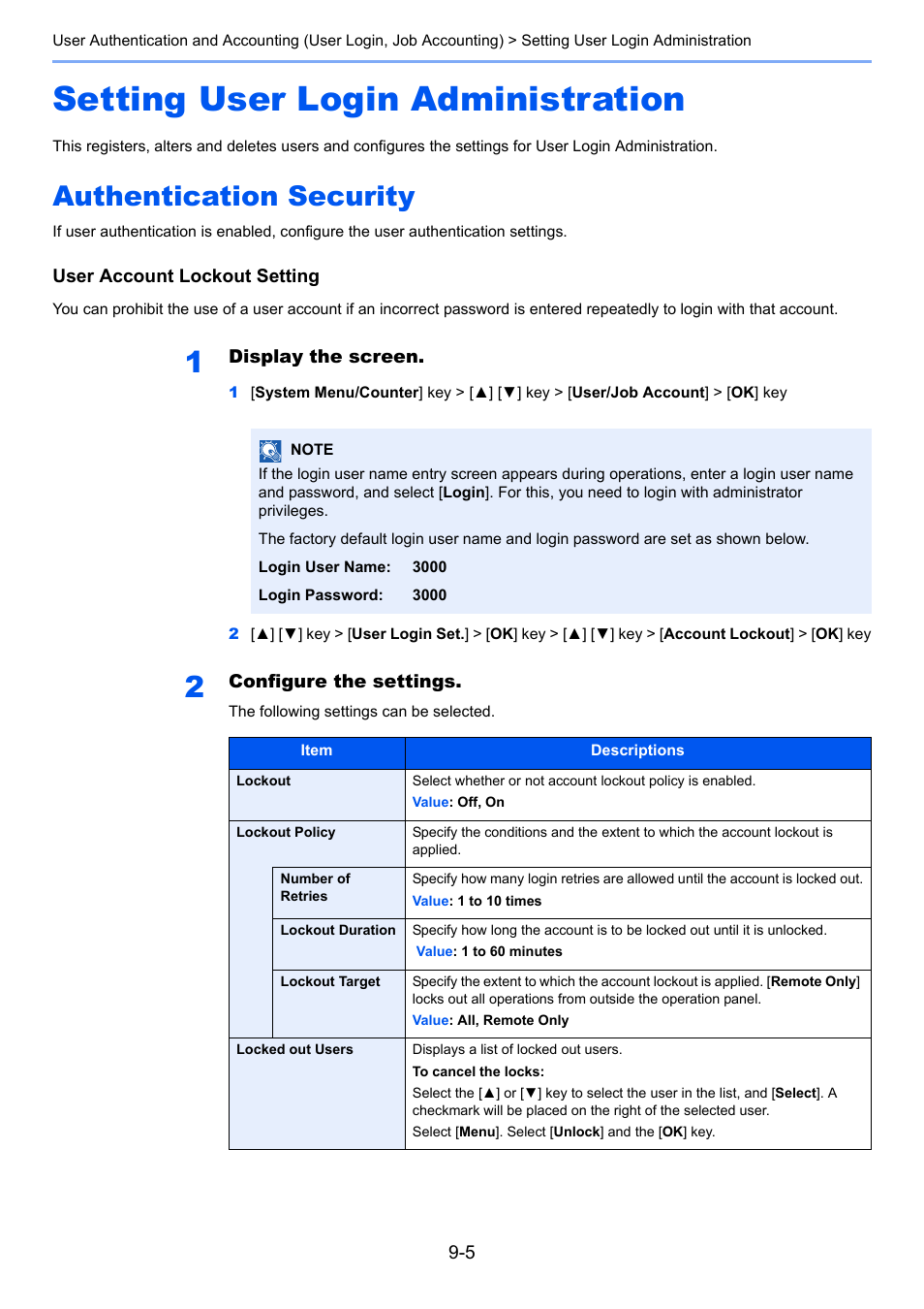 Setting user login administration, Authentication security, Setting user login administration -5 | Authentication security -5 | TA Triumph-Adler P-C3060 MFP User Manual | Page 284 / 409