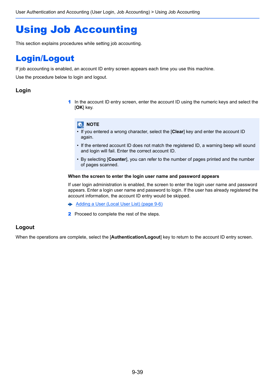 Using job accounting, Login/logout, Using job accounting -39 | Login/logout -39 | TA Triumph-Adler P-C3060 MFP User Manual | Page 318 / 409