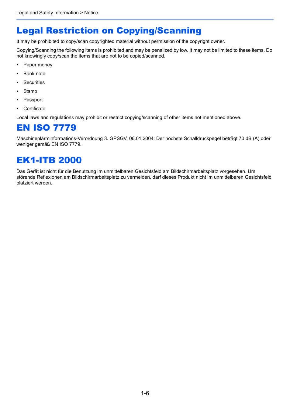 Legal restriction on copying/scanning, En iso 7779, Ek1-itb 2000 | TA Triumph-Adler P-C3060 MFP User Manual | Page 37 / 409
