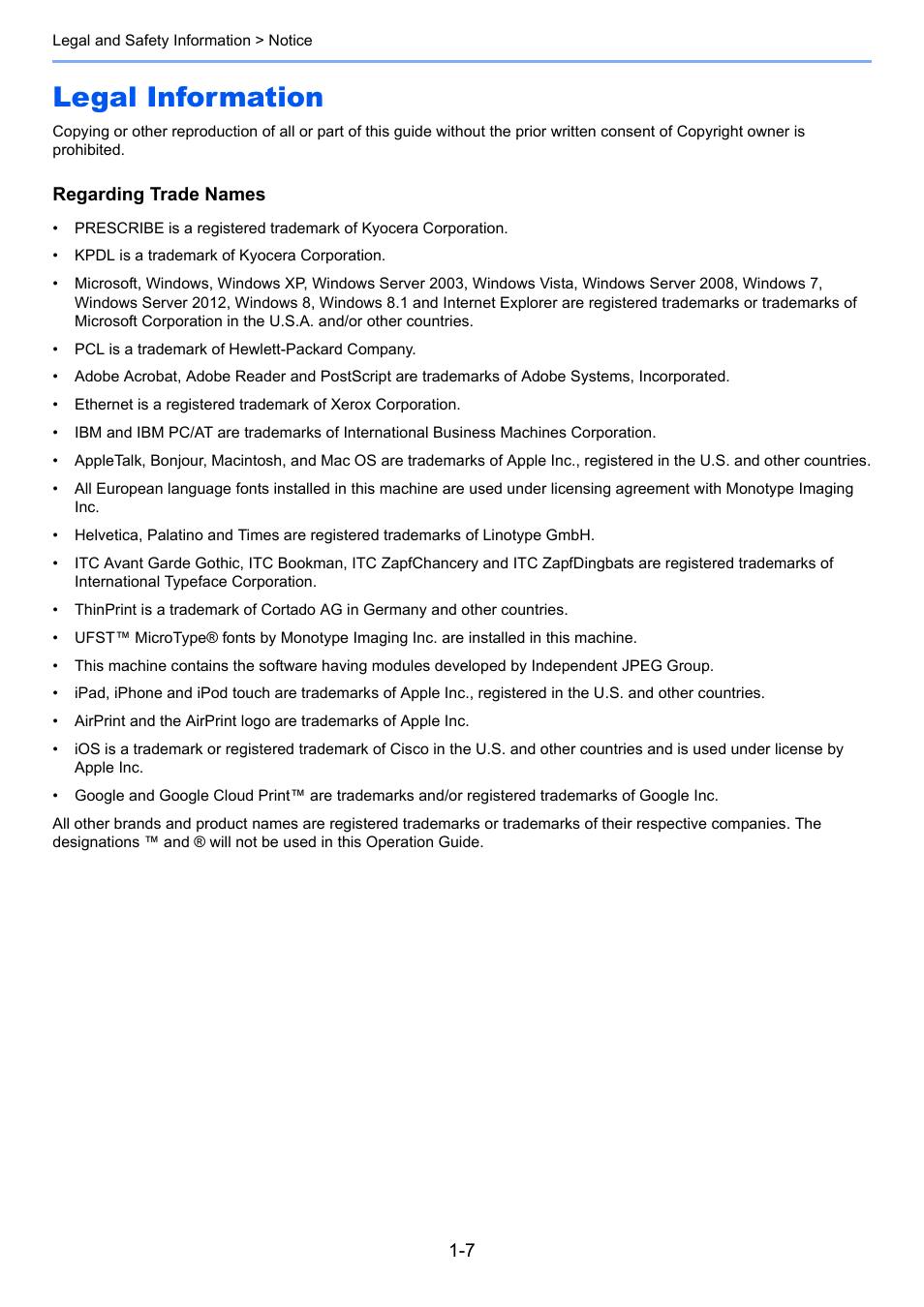 Legal information, Legal information -7 | TA Triumph-Adler P-C3060 MFP User Manual | Page 38 / 409