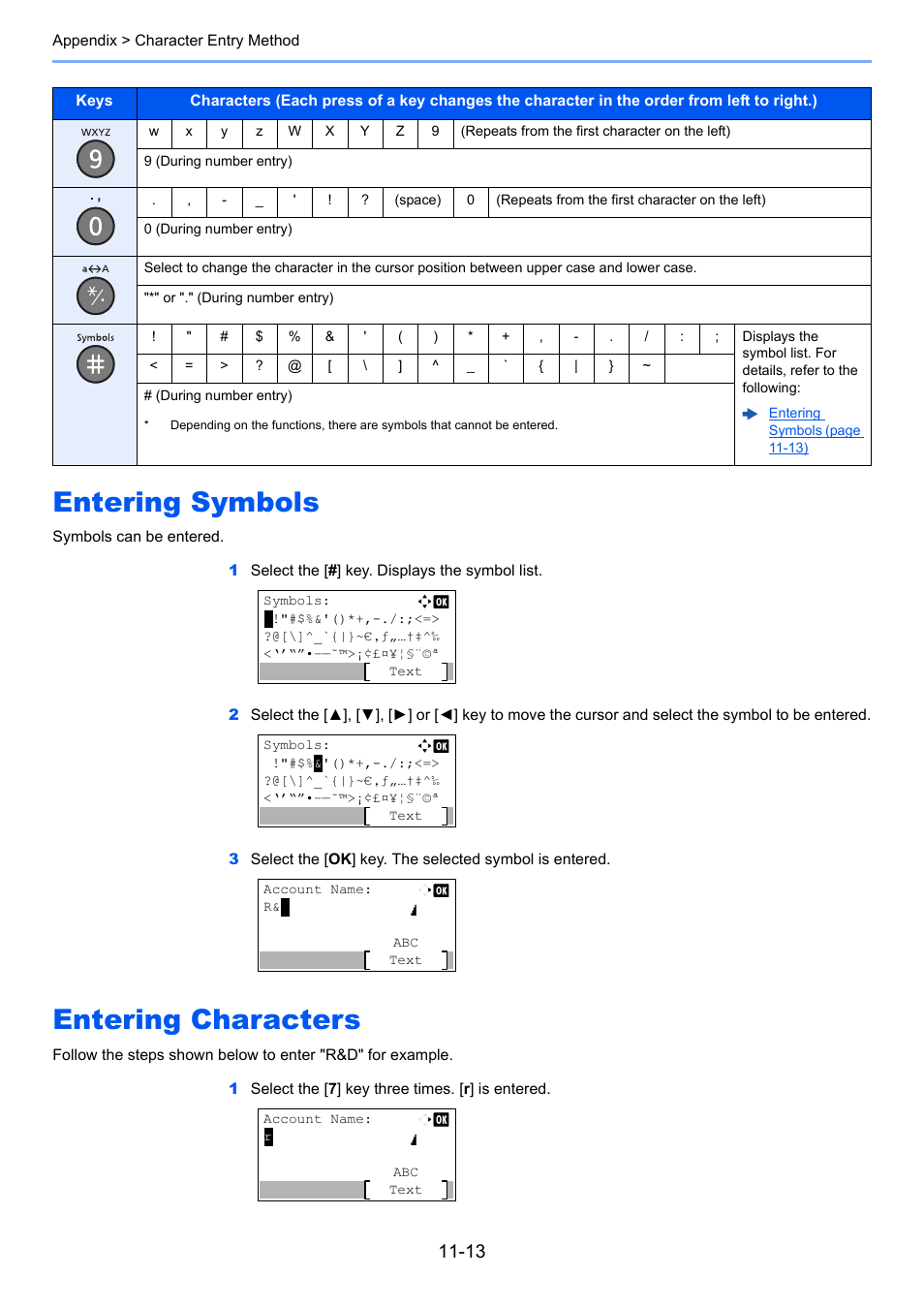 Entering symbols, Entering characters, Entering symbols -13 entering characters -13 | TA Triumph-Adler P-C3060 MFP User Manual | Page 381 / 409