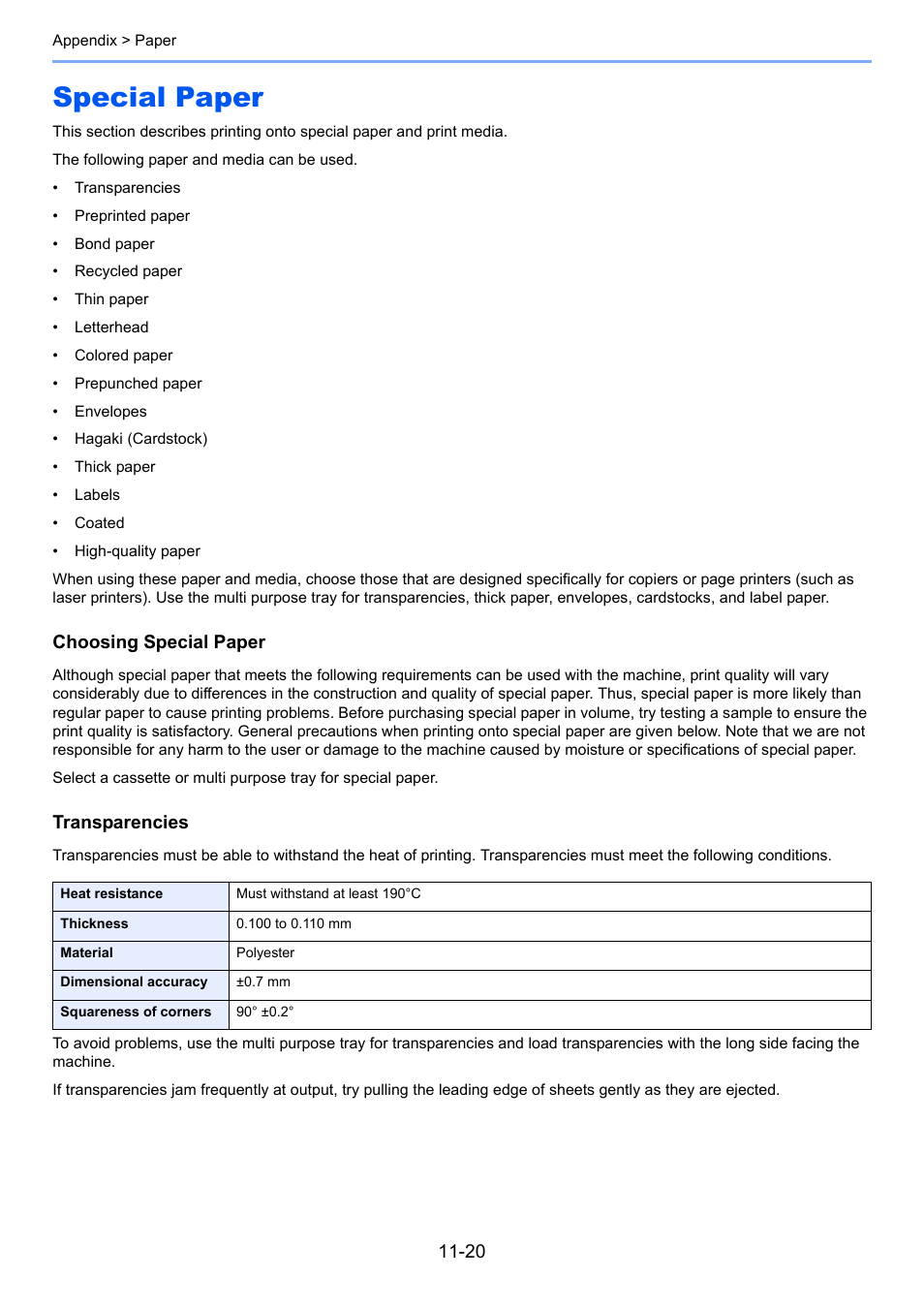 Special paper, Special paper -20, Choosing special paper | Transparencies | TA Triumph-Adler P-C3060 MFP User Manual | Page 388 / 409