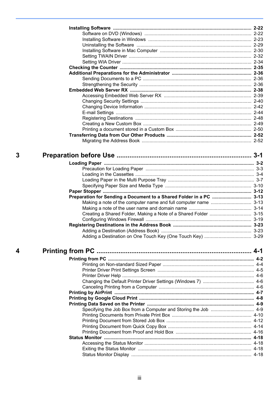 3preparation before use -1, 4printing from pc -1 | TA Triumph-Adler P-C3060 MFP User Manual | Page 4 / 409