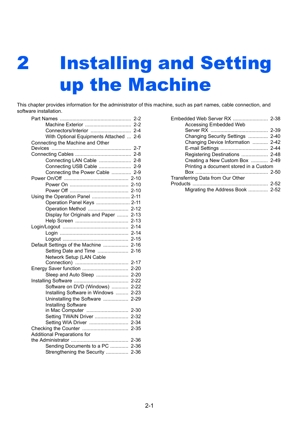 2 installing and setting up the machine, Installing and setting up the machine -1, Installing and setting up the machine | 2installing and setting up the machine | TA Triumph-Adler P-C3060 MFP User Manual | Page 46 / 409