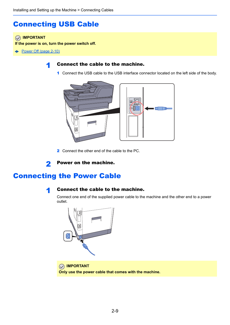 Connecting usb cable, Connecting the power cable | TA Triumph-Adler P-C3060 MFP User Manual | Page 54 / 409