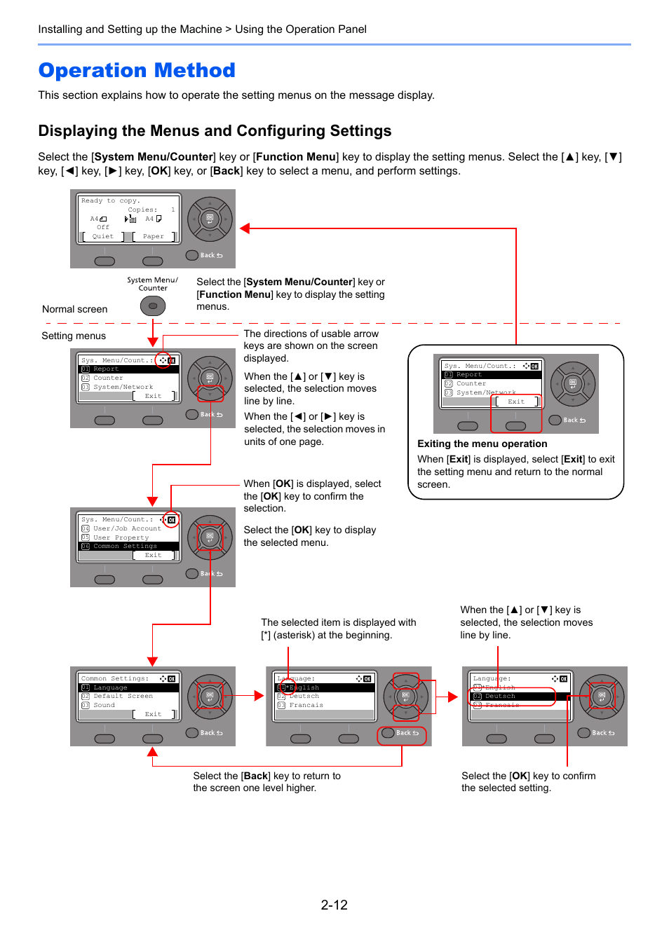 Operation method, Operation method -12, Displaying the menus and configuring settings | TA Triumph-Adler P-C3060 MFP User Manual | Page 57 / 409