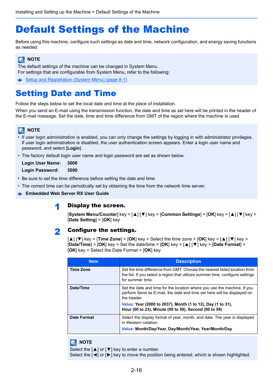 Default settings of the machine, Setting date and time, Default settings of the machine -16 | Setting date and time -16 | TA Triumph-Adler P-C3060 MFP User Manual | Page 61 / 409