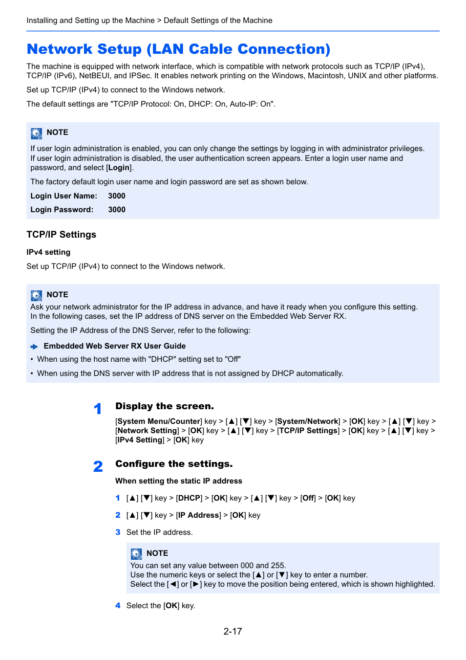 Network setup (lan cable connection), Network setup (lan cable connection) -17, Network setup (lan cable | Connection) -17 | TA Triumph-Adler P-C3060 MFP User Manual | Page 62 / 409