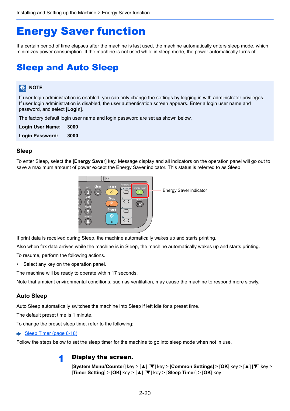 Energy saver function, Sleep and auto sleep, Energy saver function -20 | Sleep and auto sleep -20 | TA Triumph-Adler P-C3060 MFP User Manual | Page 65 / 409